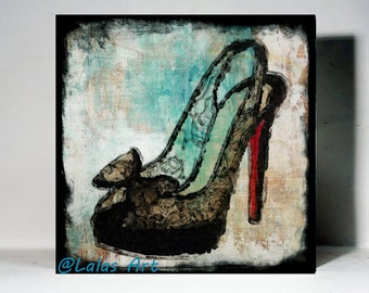 Unique High heels Pumps Shoe Painting Black with Bow Art Wall Art Home decor decorative Interior design Fine art Mix media Water Color