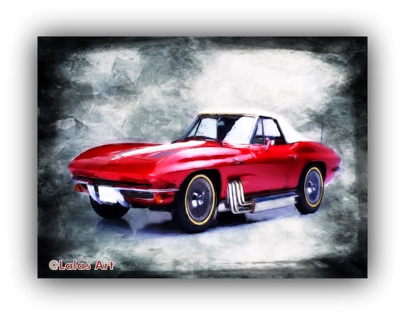 1963 Red Chevrolet Corvette Vintage Retro Style Painting Old Timer Interior Design Home Decor Yellow Classic Car Wall Hanging Art
