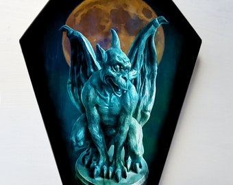 Coffin shaped  Art - Gargoyle - Blood moon - Vintage style - Retro Movie Art - Vampire - Painting - Gothic - Halloween Art - Wall Hanging