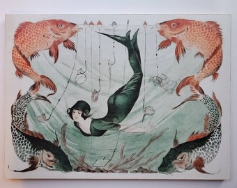 Vintage Art picture -"La Vie Parisenne" French Magazine - Mermaid - Koi fish - Illustration - Flapper - Art Deco-Nouveau Art  19 x 13 inches