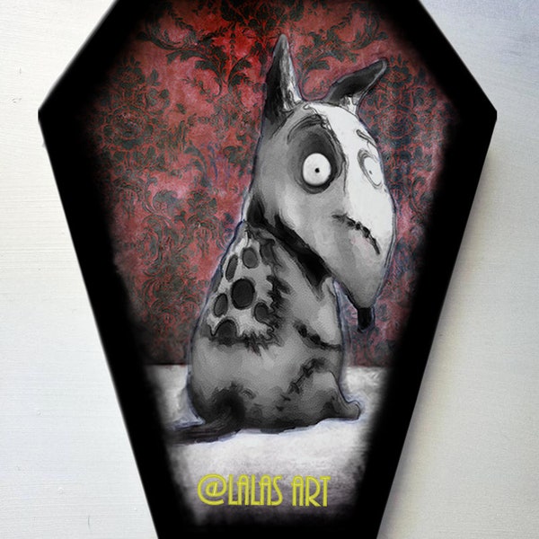 Coffin shaped - Retro Vintage style Art -Frankenweenie - Sparky - Dog   - Painting - Cartoon - Home decor