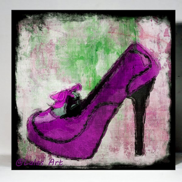 Unique haute talons escarpins chaussure peinture violet avec Bow art Wall Art Home décor décoratif Design d’intérieur fine art Mix Media couleur de l’eau