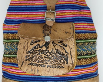 Vintage Peruvian Tooled Leather Backpack with Woven Inlay Peruvian Hand-tooled Leather and Textile Backpack Purse - Etsy main image 2