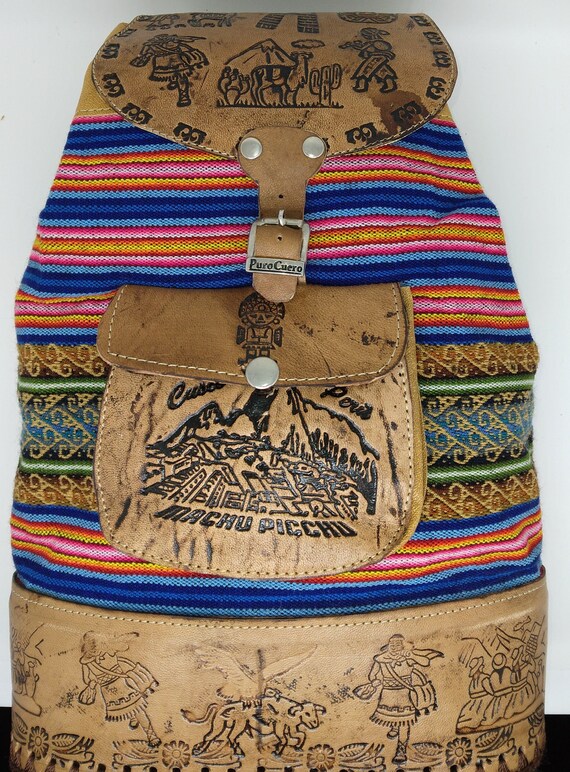 Peruvian Hand-tooled Leather and Textile Backpack Purse - Etsy display picture 2