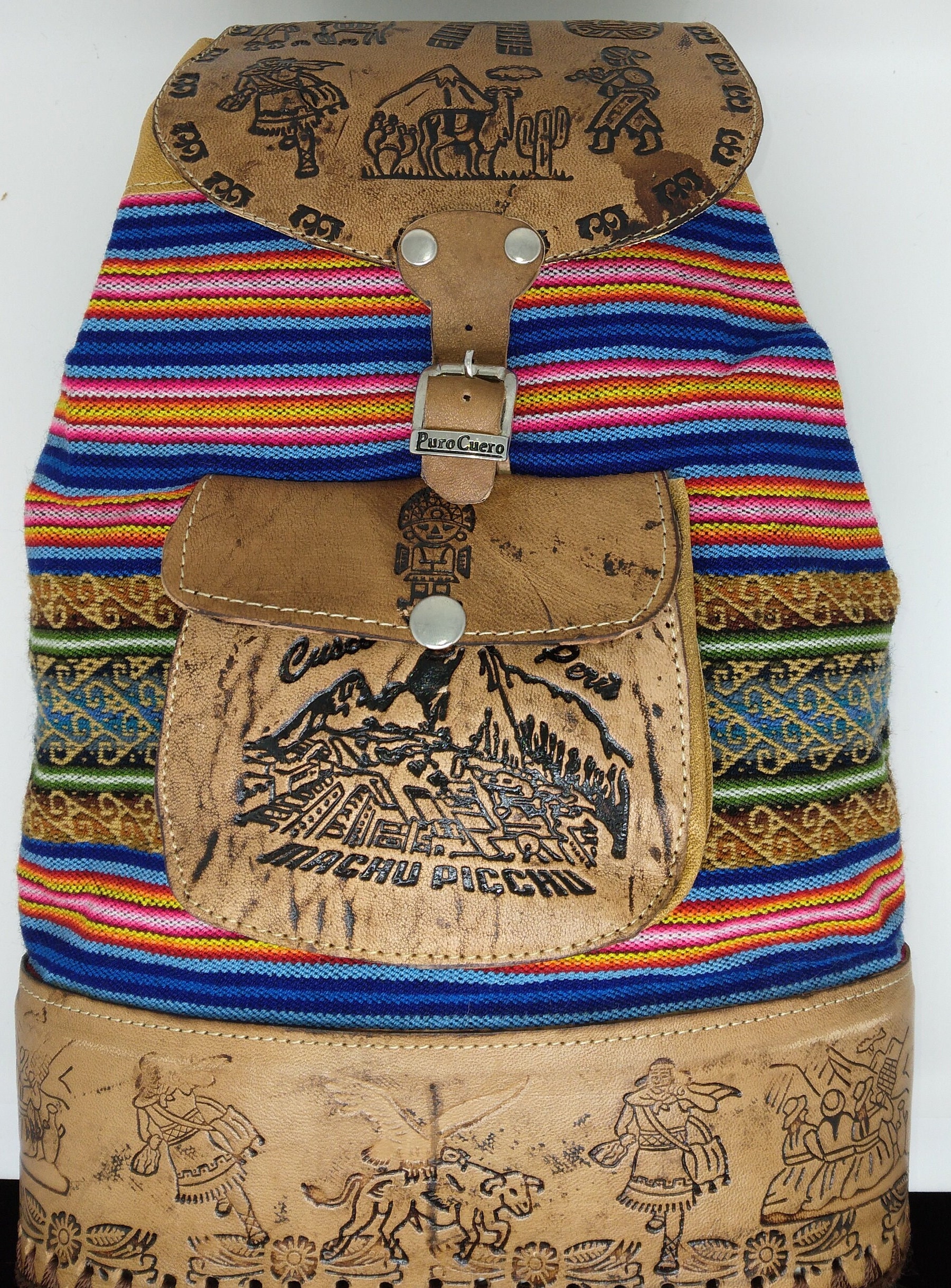 Handmade Backpack Carved in Peru Peruvian Actecas Peruvian Hand-tooled Leather and Textile Backpack Purse - Etsy main image 3