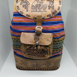 Peruvian Hand-Tooled Leather and Textile Backpack Purse