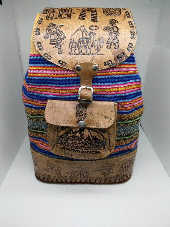 Peruvian Hand-tooled Leather and Textile Backpack Purse - Etsy display picture 1