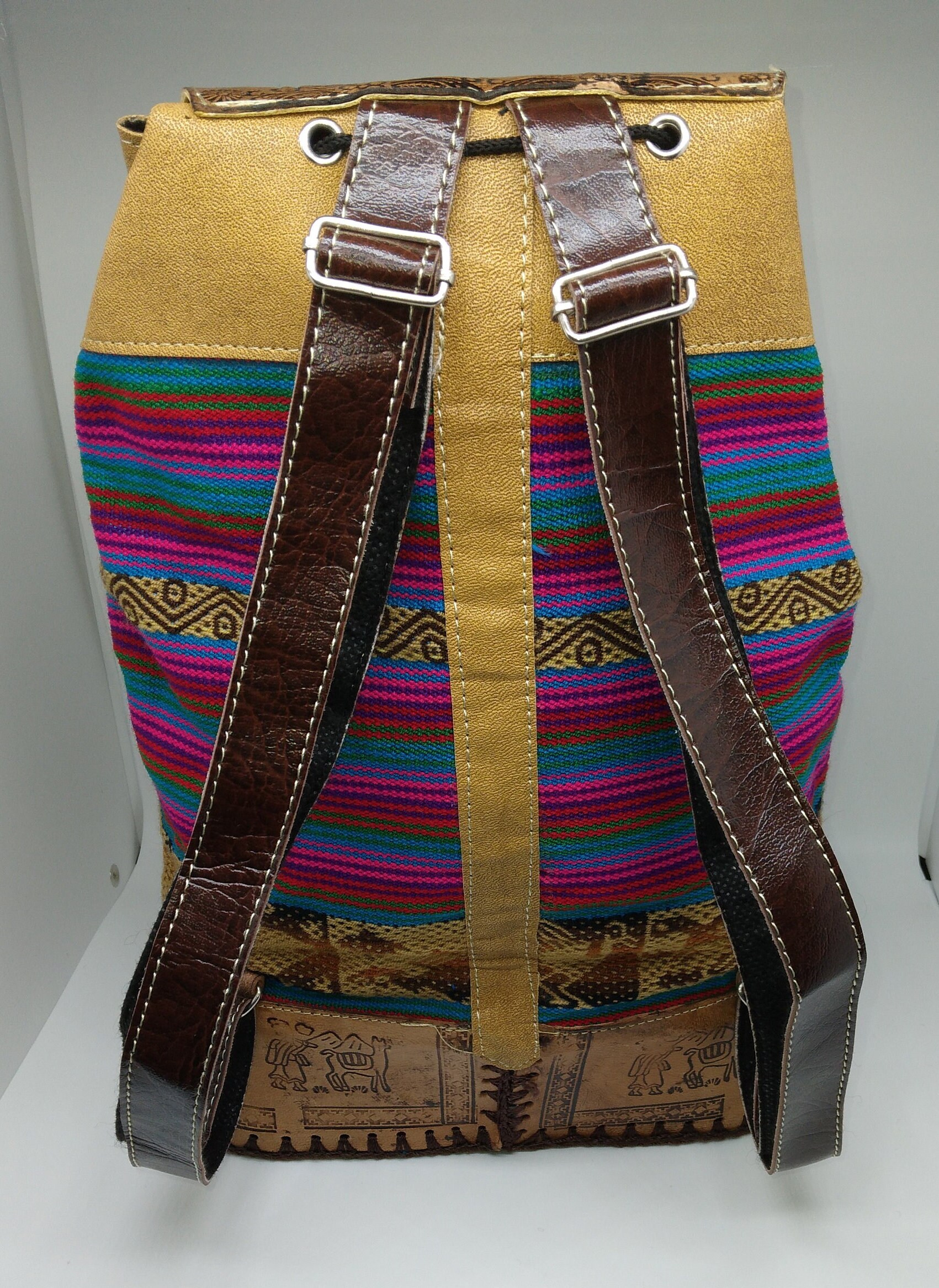 Peruvian Hand-Tooled Leather and Textile Backpack Purse Peruvian Hand-tooled Leather and Textile Backpack Purse - Etsy main image 2