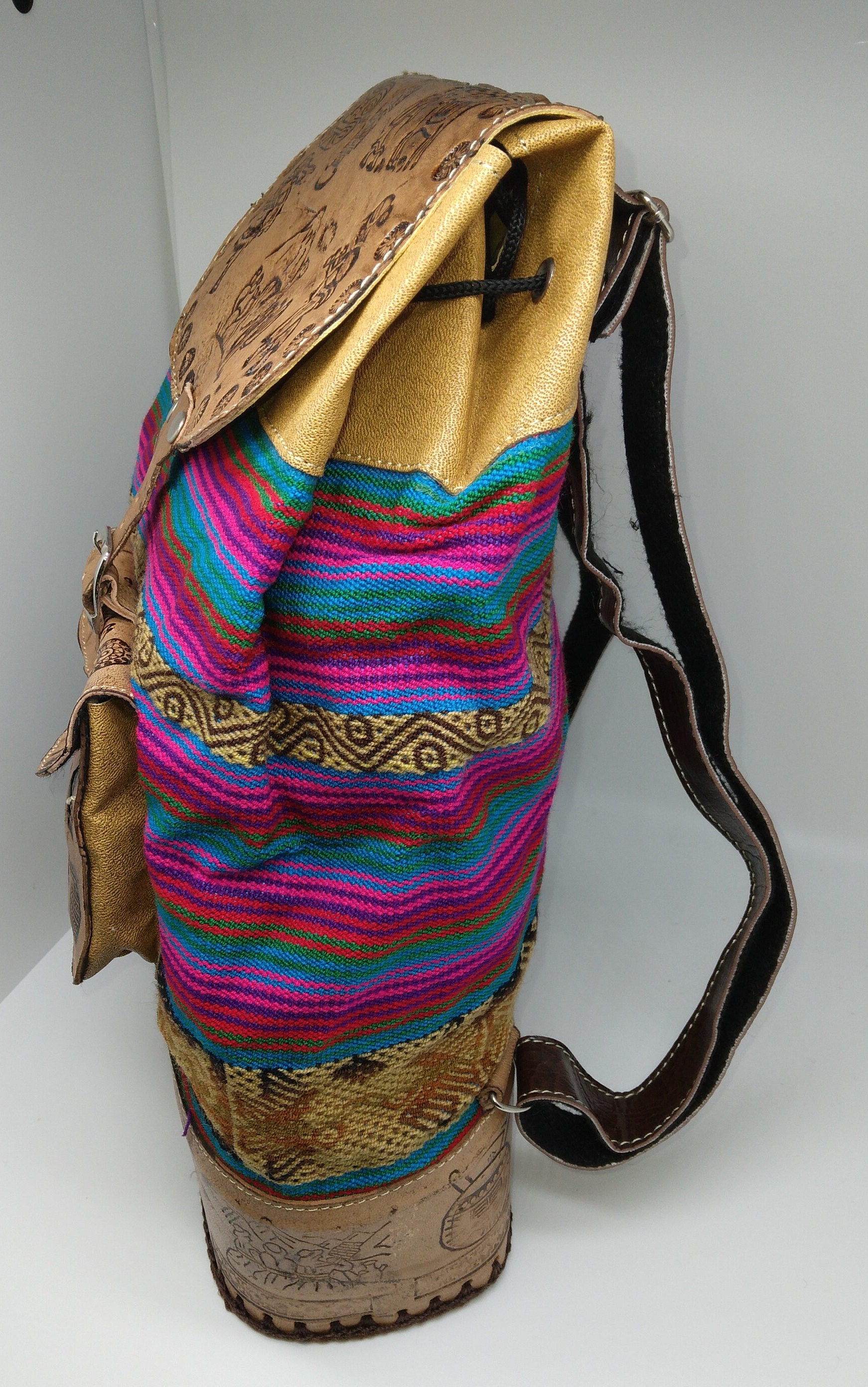 Vintage Peruvian Tooled Leather Backpack with Woven Inlay Peruvian Hand-tooled Leather and Textile Backpack Purse - Etsy main image 2