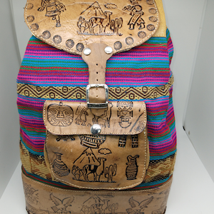 Peruvian Hand-Tooled Leather and Textile Backpack Purse