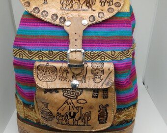 Vintage Peruvian Tooled Leather Backpack with Woven Inlay Peruvian Hand-tooled Leather and Textile Backpack Purse - Etsy main image 3