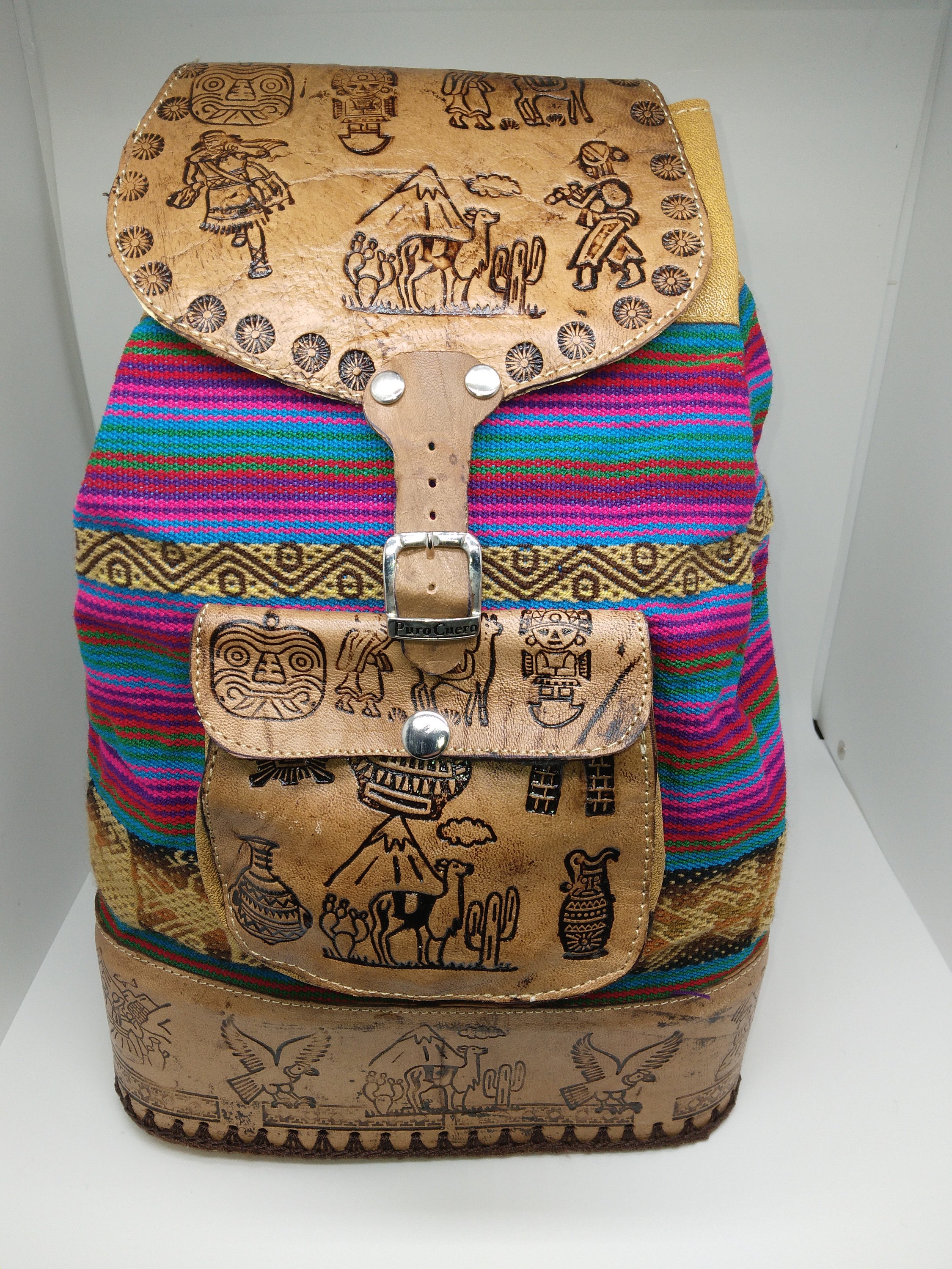 Authentic Handmade Incan Andean Textile and Leather Rolltop Backpack Handmade Peruvian Embroidered Backpack, Andean Floral Boho  main image 4