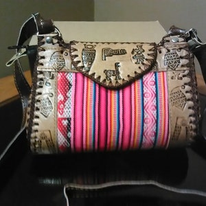 Peruvian Hand-Tooled Leather and Textile Purse