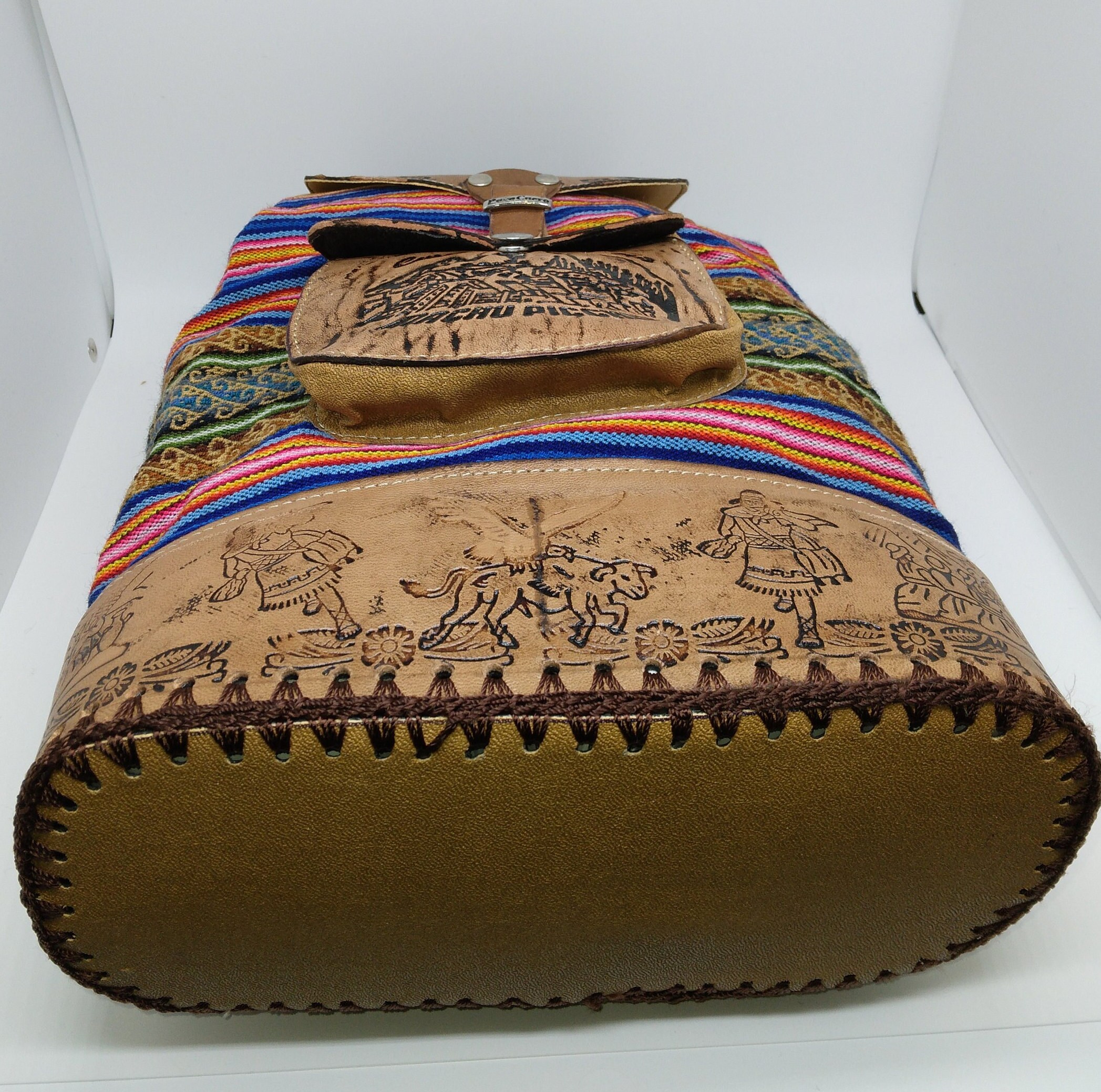 Vintage Peruvian Tooled Leather Backpack with Woven Inlay Peruvian Hand-tooled Leather and Textile Backpack Purse - Etsy main image 3