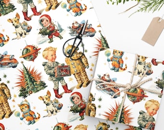 May include: White wrapping paper with a repeating pattern of robots, cats, children, and Christmas trees. The pattern is in a retro style with bright colors and bold lines.