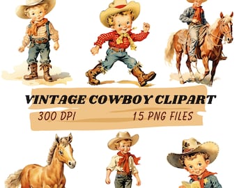 Vintage Cowboy Clipart Bundle, Retro Western Graphics (PNG, SVG)