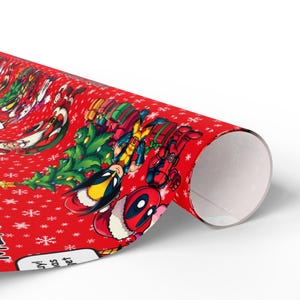 deadpool christmas wrapping paper, deadpool gifts, deadpool decor, gamer gifts, comic book, comic con, adult christmas wrapping paper, kids christmas wrapping paper, wrapping paper rolls, christmas gift wrap