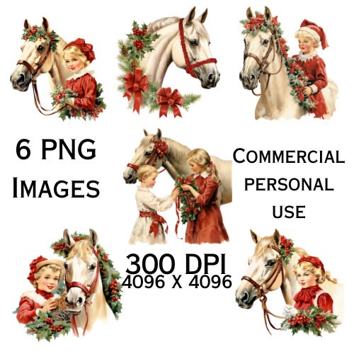Vintage Christmas Girl Horse Clipart Bundle PNG Digital - Etsy