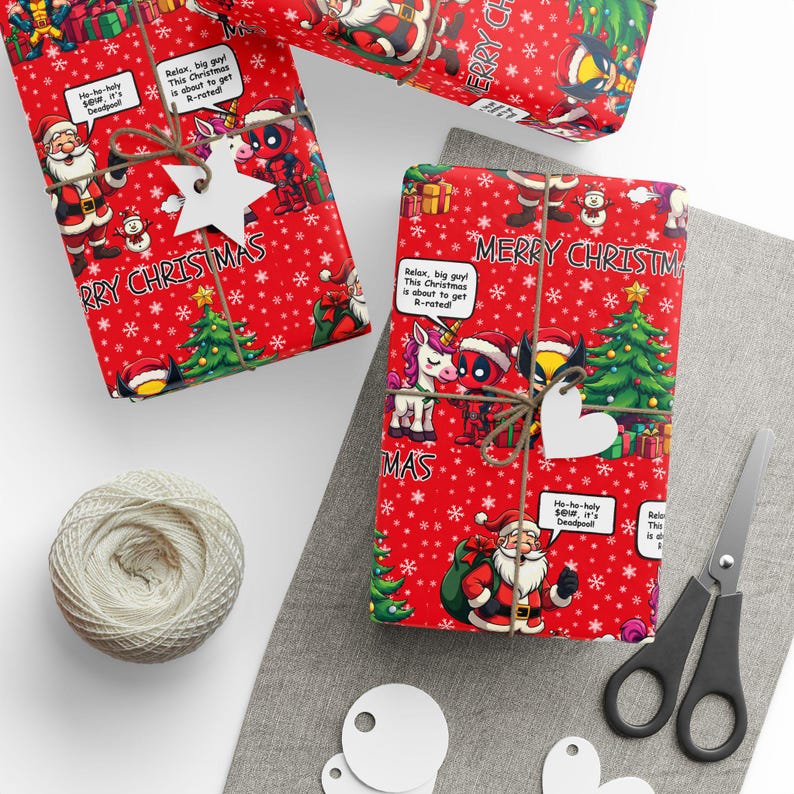 deadpool christmas wrapping paper, deadpool gifts, deadpool decor, gamer gifts, comic book, comic con, adult christmas wrapping paper, kids christmas wrapping paper, wrapping paper rolls, christmas gift wrap
