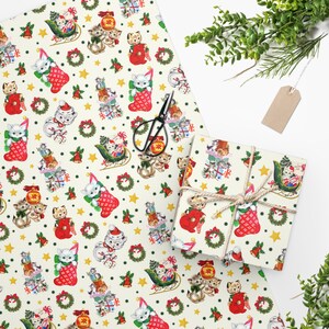 Vintage Christmas Kitty Wrapping Paper Roll, Holiday Gift Wrap image 3