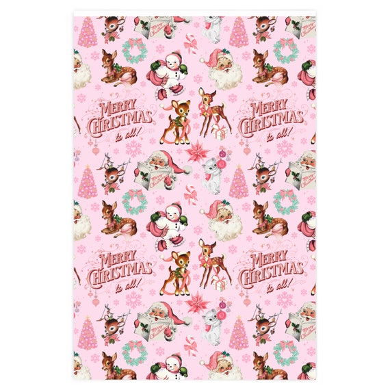 Vintage Pink Christmas Wrapping Paper Christmas Gift Wrap Vintage Santa Wrapping  Paper Holiday Gift Wrap Girls Wrapping Paper Roll 