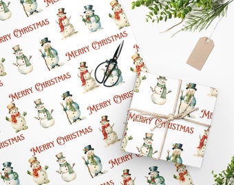 Snowman Christmas Wrapping Paper, Vintage Christmas Wrapping Paper Rolls, Watercolor Gift Wrap, Merry Christmas Wrapping Paper, Snowman