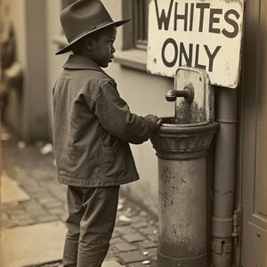 Può includere: Un bambino piccolo con un cappello sta in piedi di fronte a una fontana d'acqua con un cartello che dice "Whites Only".