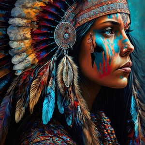 Könnte beinhalten: Eine Frau trägt ein traditionelles indianisches Kopfschmuck mit Federn und Perlen. Ihr Gesicht ist mit blauer und orangefarbener Farbe bemalt. Sie blickt mit einem ernsten Ausdruck zur Seite.