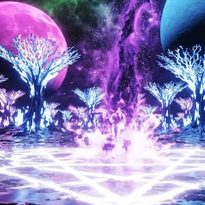 Pode incluir: Uma obra de arte digital que retrata uma paisagem surreal com árvores brilhantes, planetas e uma nebulosa. A paleta de cores inclui tons de roxo, azul e verde, criando uma cena vibrante e de outro mundo. As árvores têm galhos brancos e folhas azuis brilhantes.