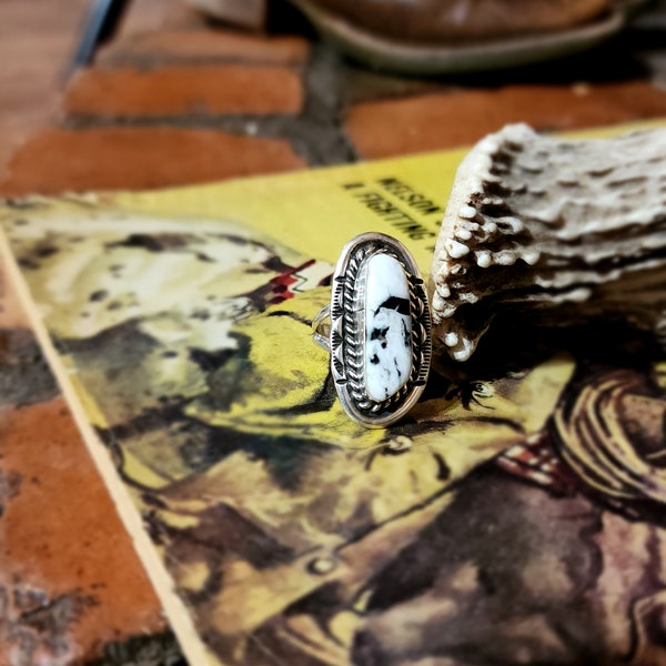 Vintage Navajo White Buffalo Turquoise Ring, Turquoise Jewelry, SZ 8.5, Turquoise Ring, Sterling Silver, Old Pawn, Gift Ideas For Her