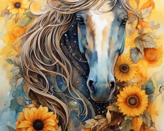 Sunflower Horse Digital Download Print  | Watercolor Horse Painting | Horse Lover Gift Ideas | Western Home Decor