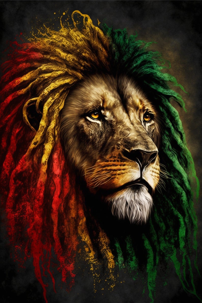 K&ouml;nnte beinhalten: Ein L&ouml;we mit Dreadlocks, die in den Farben der jamaikanischen Flagge gestylt sind: Rot, Gold und Gr&uuml;n.