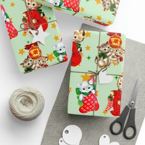 Cute Cat Christmas Wrapping Paper, Cat Lover Christmas Gift Wrap, Xmas Wrapping Paper Rolls, Vintage Christmas Wrapping Paper, Kitten