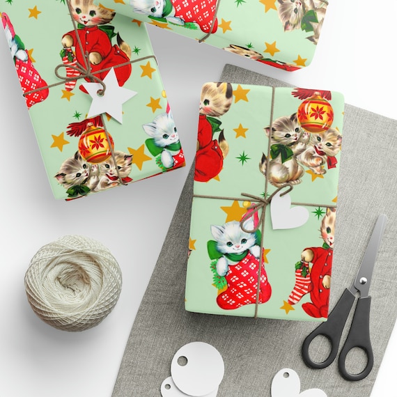 Cute Cat Christmas Wrapping Paper, Cat Lover Christmas Gift Wrap, Xmas Wrapping Paper Rolls, Vintage Christmas Wrapping Paper, Kitten