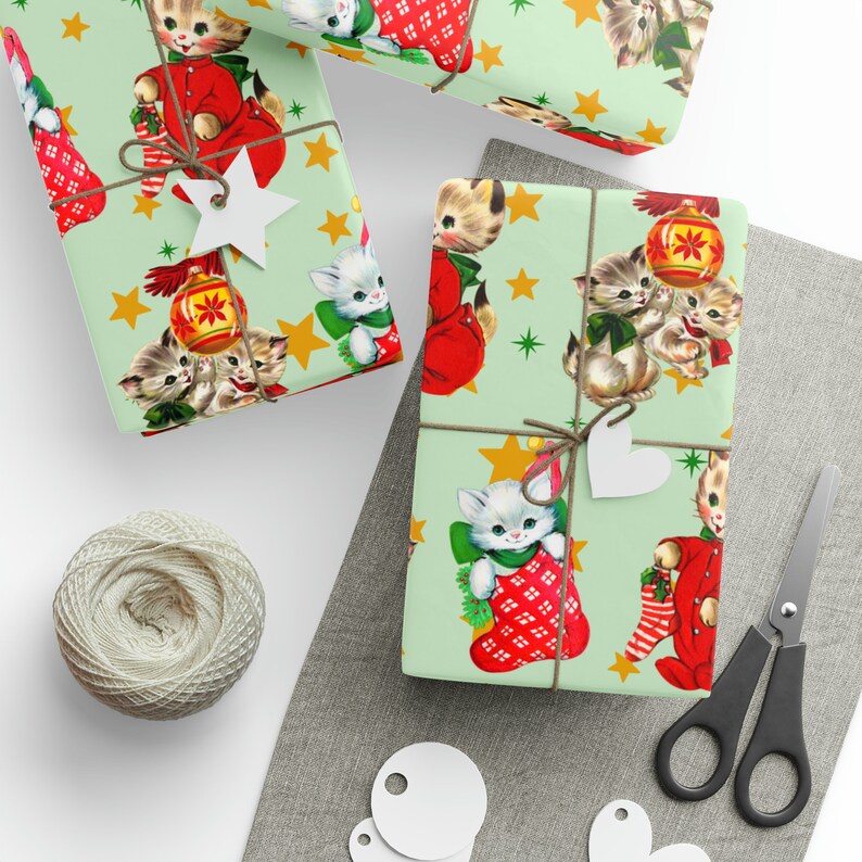 Cute Cat Christmas Wrapping Paper, Cat Lover Christmas Gift Wrap, Xmas Wrapping Paper Rolls, Vintage Christmas Wrapping Paper, Kitten