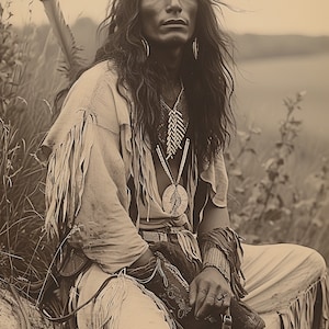 May include: A Native American man with long dark hair wearing traditional clothing and a beaded necklace with a silver pendant. He is sitting on a log in a field of tall grass.