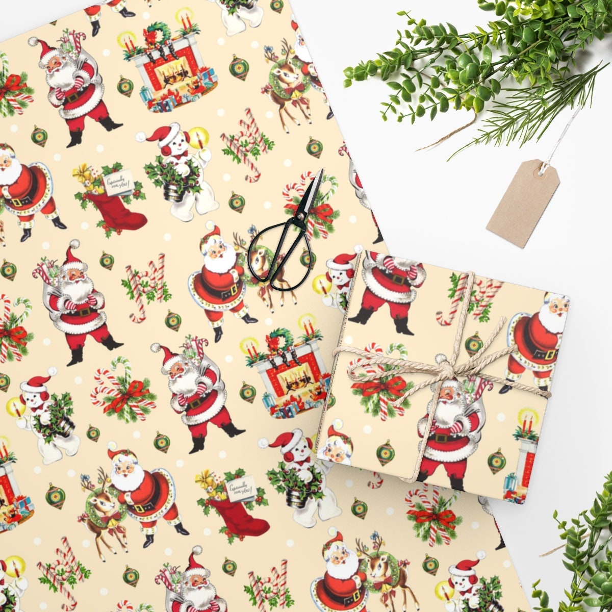 Larcenciel Kit Papier Cadeau Noel avec Etiquette et Autocollant, 6 Feuilles  Papier Emballage Cadeau Noël Vintage avec Joli Père Noël Renne, Papier