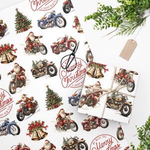 Rotolo di carta da regalo natalizia per moto d'epoca, carta da regalo natalizia, carta da regalo vintage per Babbo Natale, carta da regalo per le feste, carta da regalo per motociclisti
