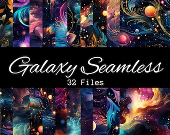 May include: A collection of 32 seamless digital paper patterns featuring galaxy and space themes. The patterns are in various colors, including blue, purple, pink, and yellow, and feature stars, planets, and nebulae.