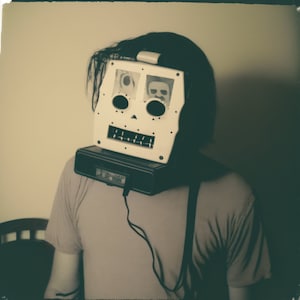 May include: A person wearing a white and black skull-shaped mask with a camera attached to the bottom. The mask has two eye holes and a mouth with teeth. The person is wearing a light brown shirt.