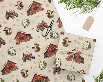 Vintage Christmas Farm Wrapping Paper, Holiday Horse Gift Wrap