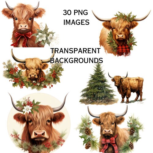 Christmas Highland Cow Clipart, Watercolor Xmas PNG (digital Download ...