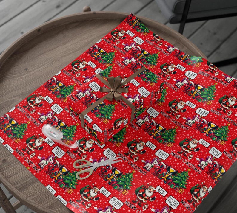 deadpool christmas wrapping paper, deadpool gifts, deadpool decor, gamer gifts, comic book, comic con, adult christmas wrapping paper, kids christmas wrapping paper, wrapping paper rolls, christmas gift wrap