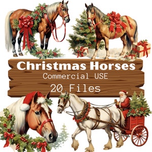 Pacchetto di clipart natalizie vintage PNG, cavallo da cowboy di Babbo Natale, download digitale, clipart di cavallo western, effimeri di scrapbooking a sublimazione di cavalli