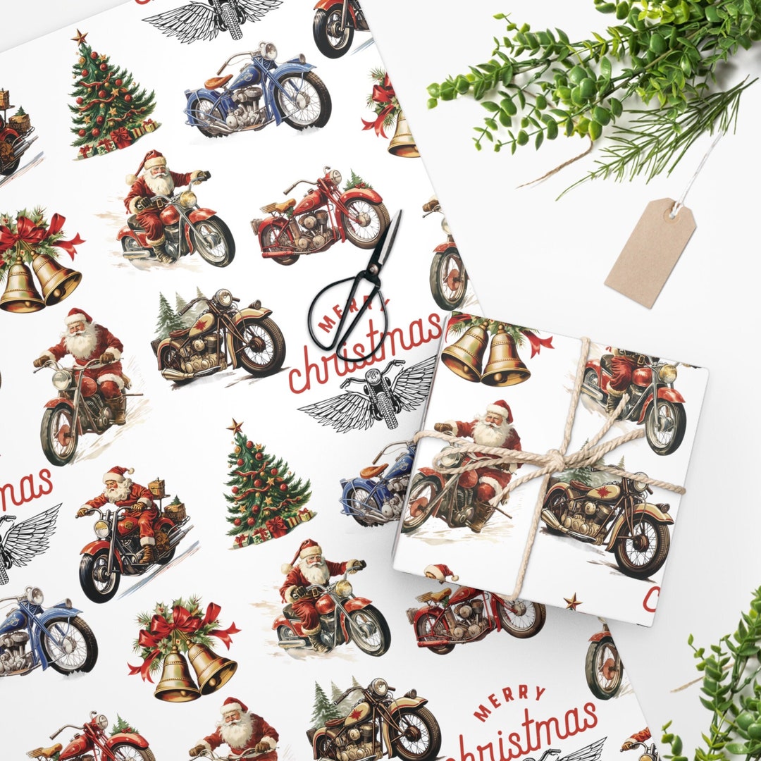 Vintage Biker Christmas Wrapping Paper ROLL, Motorcycle Gift Wrap
