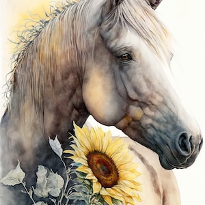 Cheval tournesol impression téléchargement numérique | Peinture cheval aquarelle | Idées cadeaux pour amateurs de chevaux | Décoration d&#39;intérieur occidentale