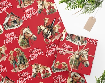 Papel de regalo navideño con diseño de caballo del oeste vintage