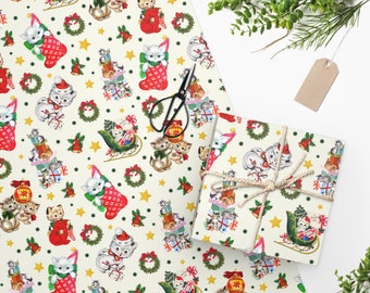 Rollo de papel de regalo vintage con diseño de gatito navideño, papel de regalo navideño