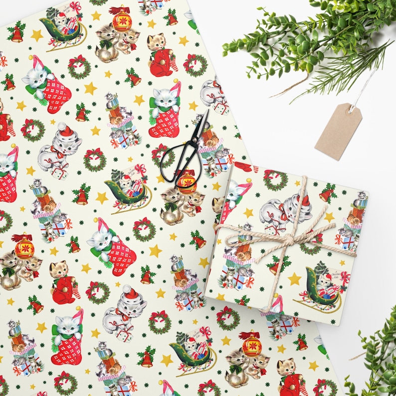 Vintage Christmas Kitty Wrapping Paper Roll, Holiday Gift Wrap image 1