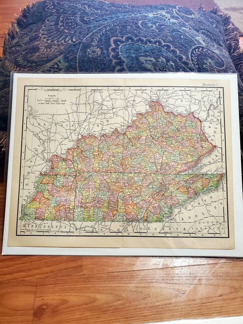 Antique Maps Victorian Collectible Maps Wall Decor Vintage 1903 Book Plate Map Kentucky State Map